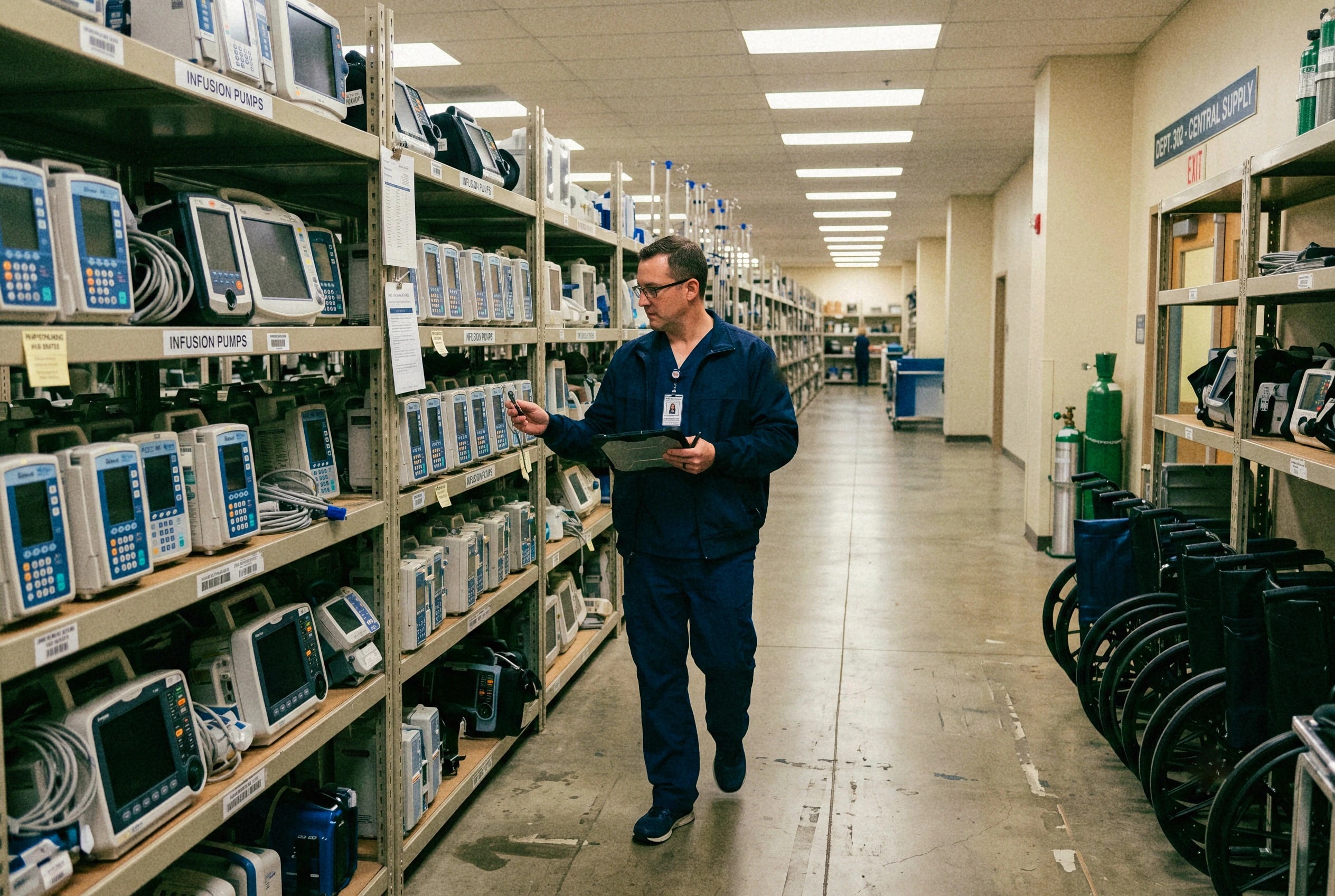 Clinical engineering staff reviewing medical equipment in a central supply area