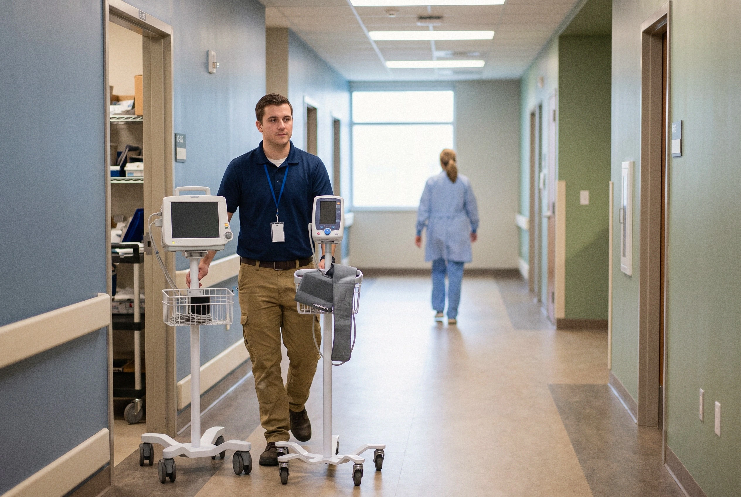 Skilled nursing staff moving ready-to-use equipment through a facility corridor